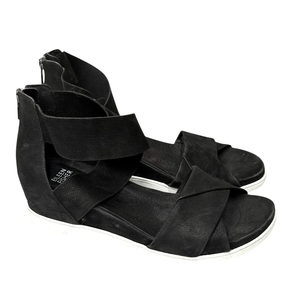Eileen Fisher Viv Tumbled Black Nubuck Wedge Sandal Resort Travel Casual 9